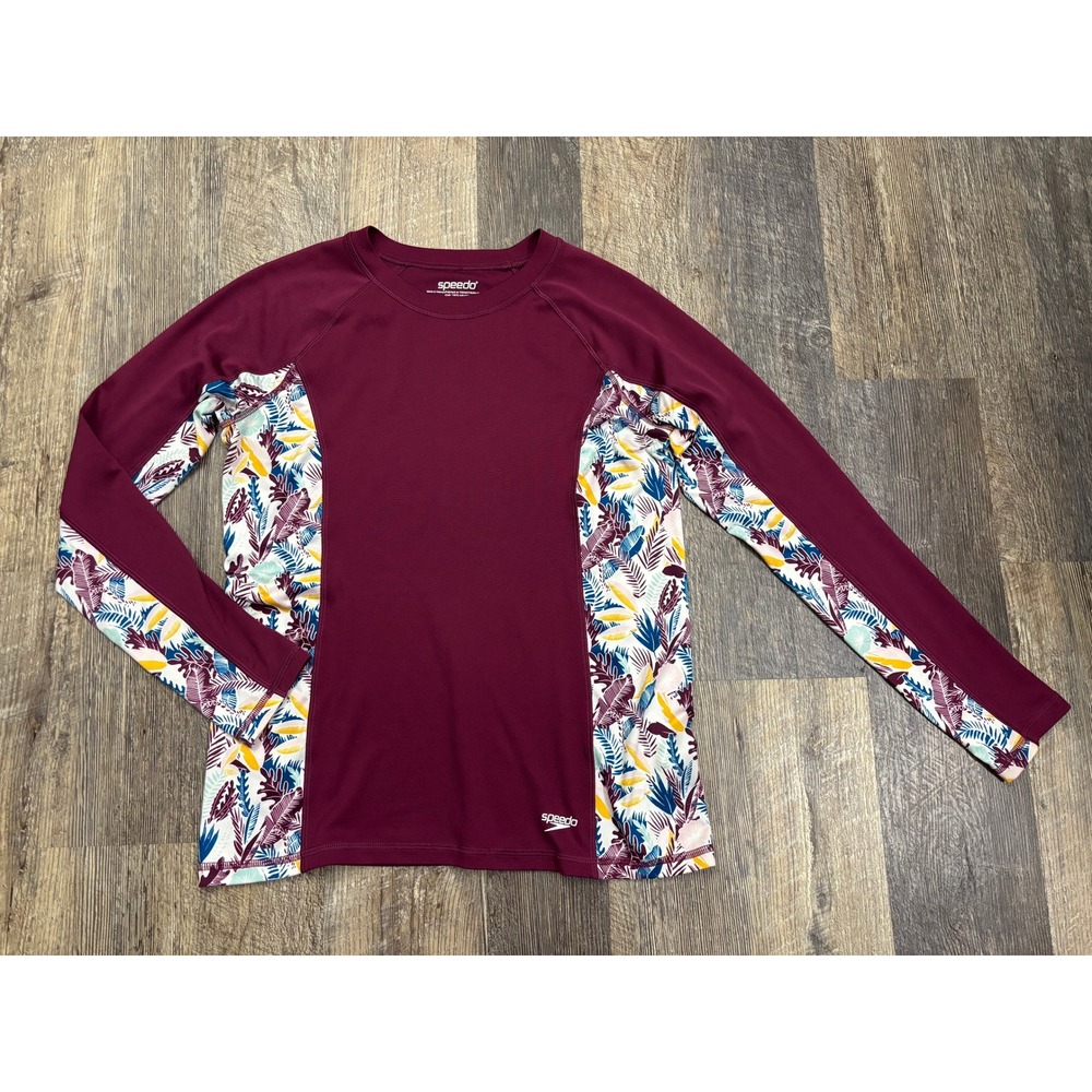 Speedo Womens Rash Guard Long Sleeve Swim Top Burgundy Floral Print Size Medium